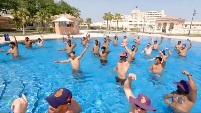 IPL 2021: Kolkata Knight Riders players relax in the pool as part of their recovery process.