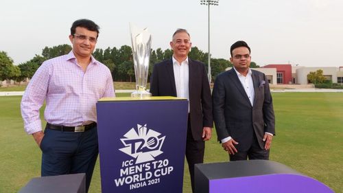 Sourav Ganguly (left) and Jay Shah (right) pose with the ICC Men's T20 World Cup trophy. (Credits: BCCI)