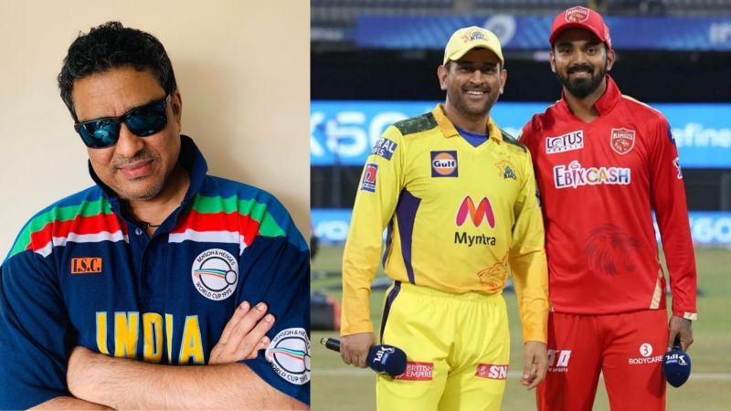 Sanjay Manjrekar, CSK skipper MS Dhoni and PBKS KL Rahul (from left to right).