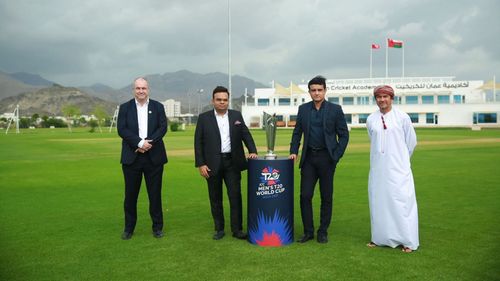 Oman cricket chief Pankaj Khimji [R] with Sourav Ganguly, Jay Shah and ICC acting CEO Geoff Allardice