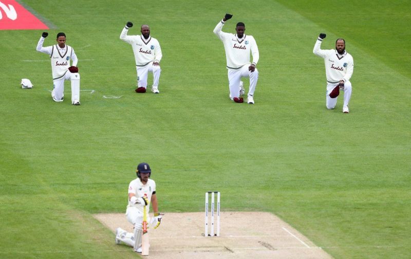 England and West Indies taking the knee. (Credits: Twitter)