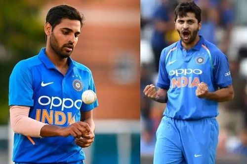 Bhuvneshwar Kumar (left) and Shardul Thakur are likely to compete for the third seamer's spot.