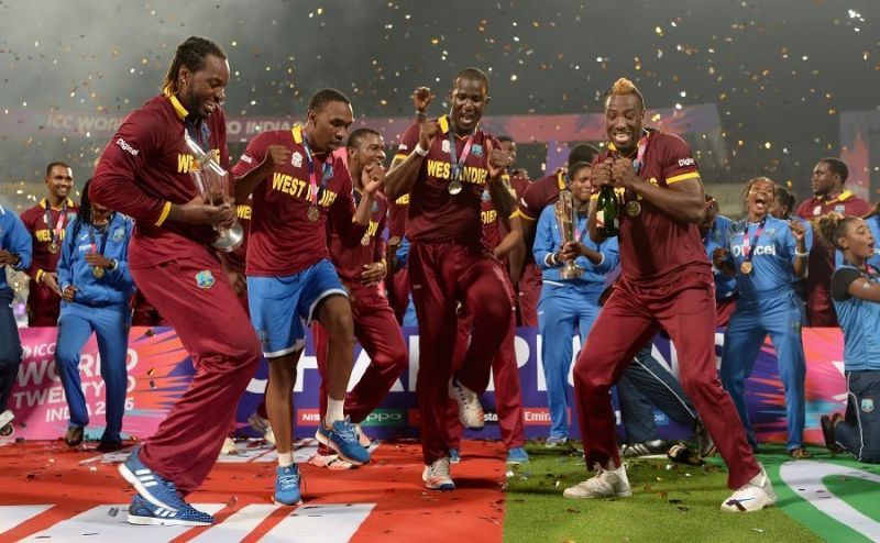 West Indies players celebrate their T20 World Cup victory in 2016