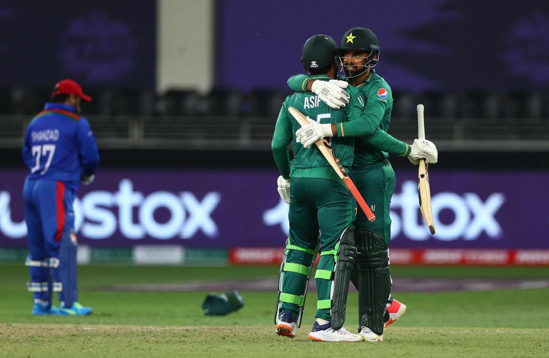 Shadab Khan and Asif Ali celebrate Pakistan&rsquo;s win over Afghanistan. Pic: Getty Images