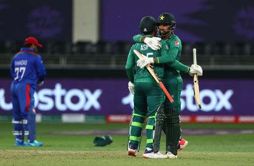 Shadab Khan and Asif Ali celebrate Pakistan’s win over Afghanistan. Pic: Getty Images