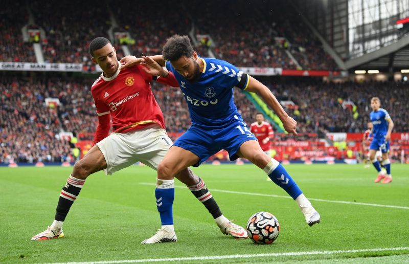 Mason Greenwood (left) with Everton&#039;s Andros Townsend (right)