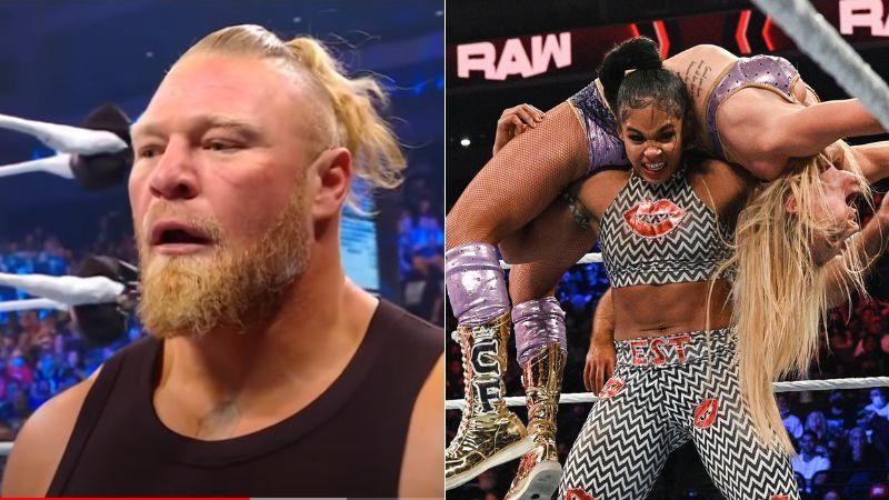 Brock Lesnar (left); Bianca Belair and Charlotte Flair (right)