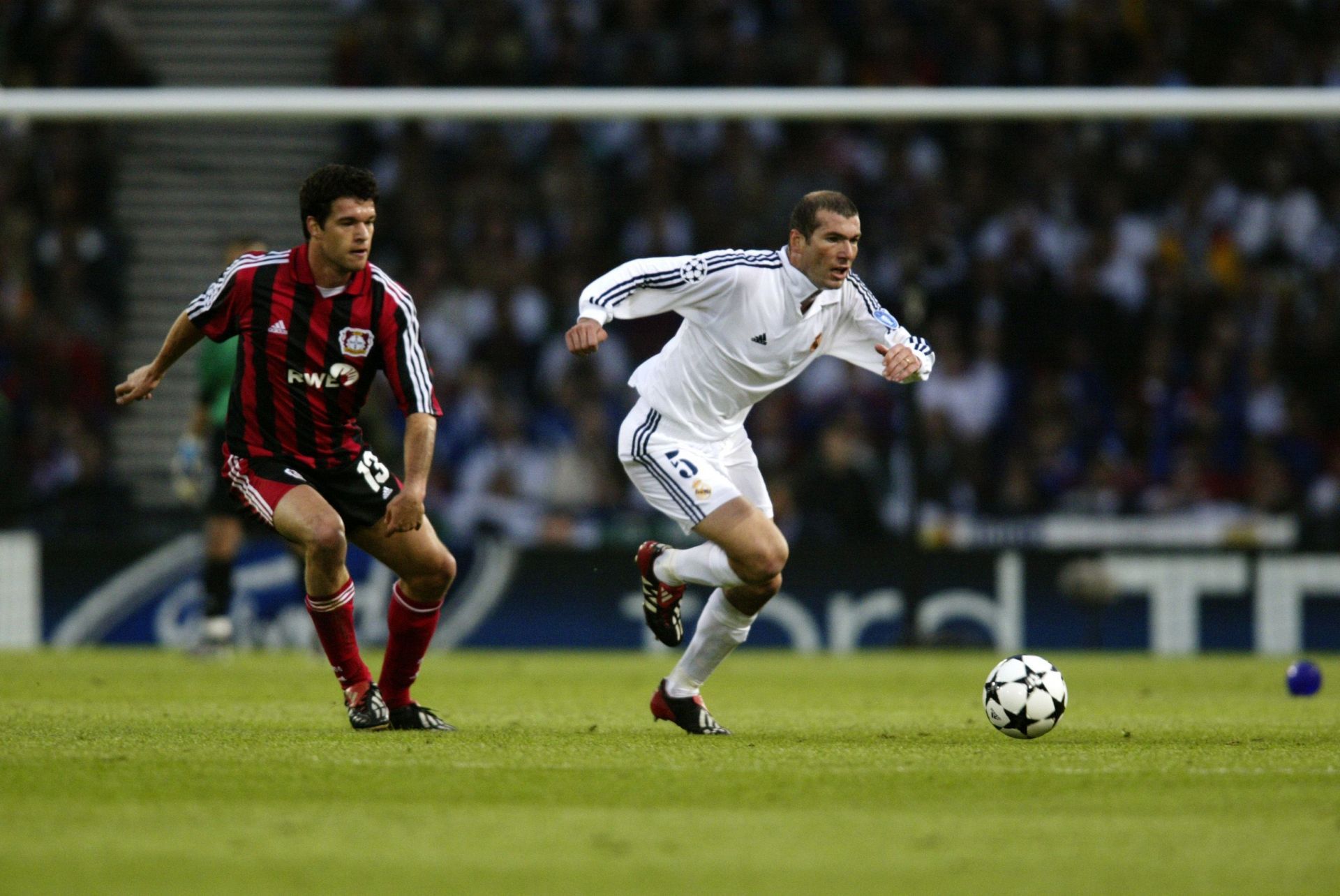 Zinedine Zidane of Real Madrid and Michael Ballack of Bayer Leverkusen