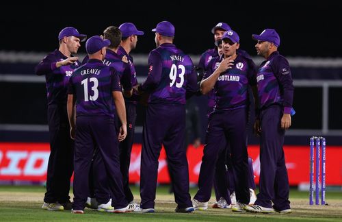 Scotland cricket team celebrates a dismissal. Pic: T20WorldCup/ Twitter