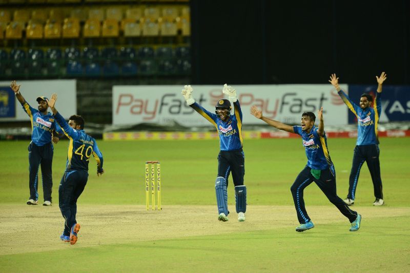 Sri Lankan players in action during a limited-overs match.