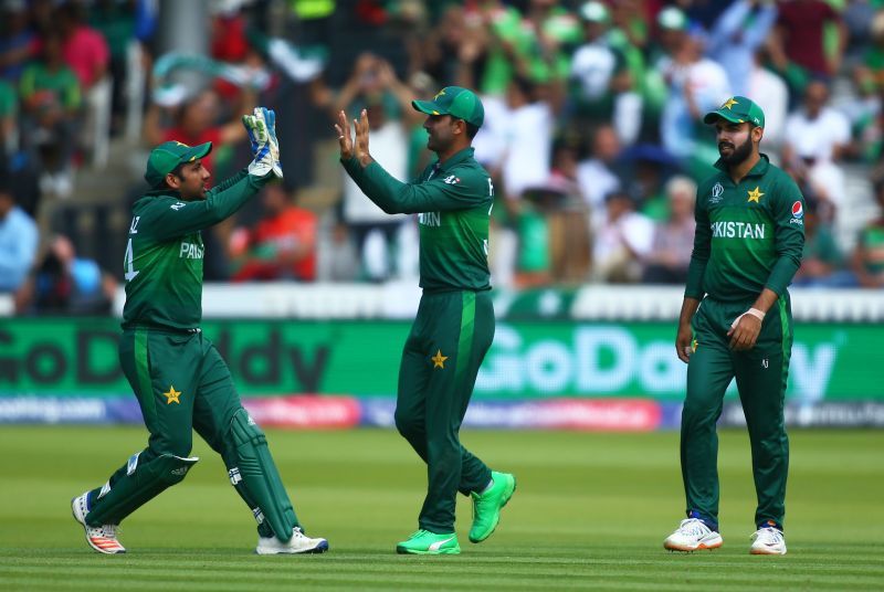 Sarfaraz Ahmed (left) and Fakhar Zaman with Shadab Khan. Pic: Getty Images