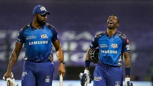 Hardik Pandya (right) with Kieron Pollard. Pic: IPLT20.COM