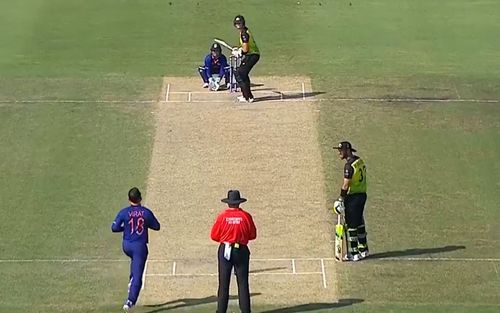 Virat Kohli bowling to Steve Smith during the T20 World Cup 2021 warm-up match on Wednesday. Pic: t20worldcup.com