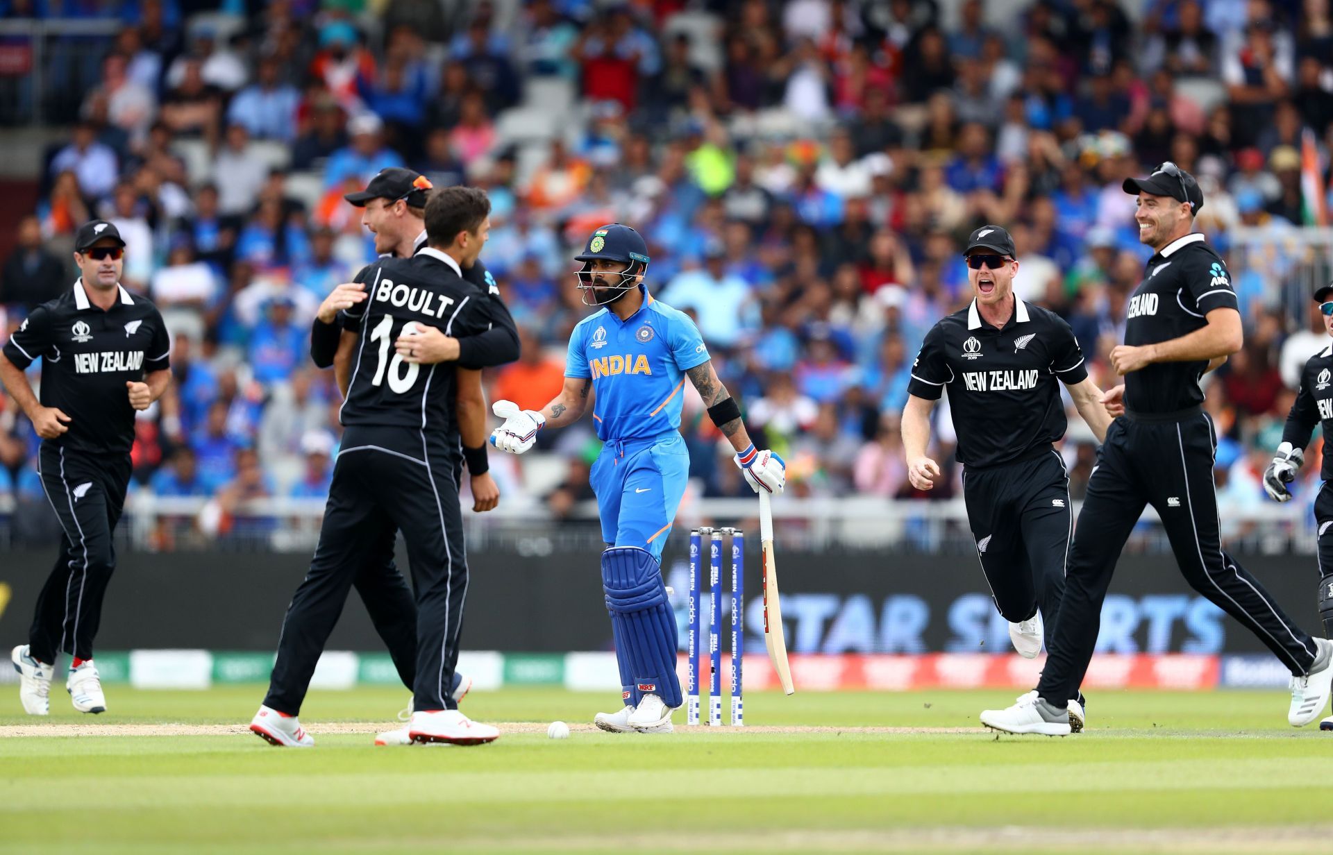 Trent Boult celebrates the wicket of Virat Kohli during the 2019 World Cup semi-final. Pic: Getty Images