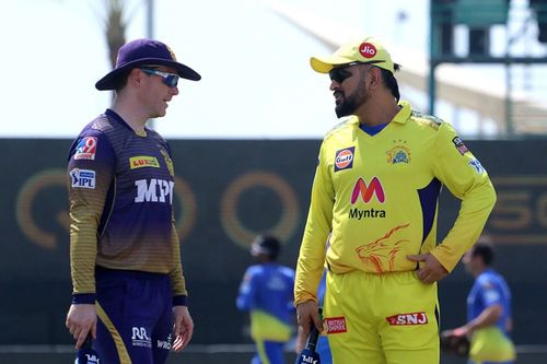 Eoin Morgan and MS Dhoni. Pic: IPLT20.COM