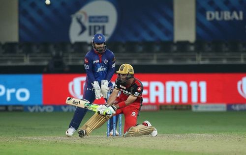 Glenn Maxwell plays a shot against the Delhi Capitals