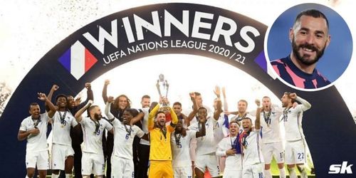 France celebrate their 2020-21 UEFA Nations League victory; (inset) Karim Benzema.