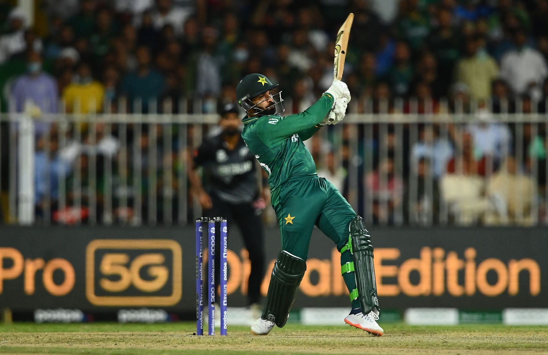 Asif Ali of Pakistan plays a shot during the T20 World Cup match between Pakistan and New Zealand at Sharjah. Pic: Getty Images