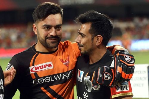 Rashid Khan and Yuzvendra Chahal in conversation during the IPL