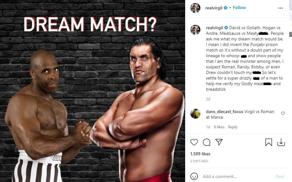 Screengrab of Virgil's post about dream match with The Great Khali