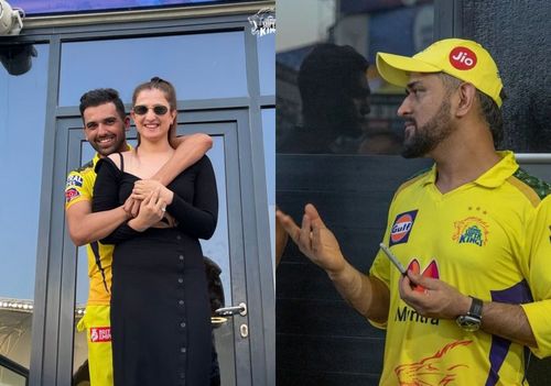 Deepak Chahar, Jaya Bhardwaj and MS Dhoni(r). (Image: CSK Twitter)