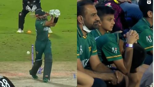 A snippet of Babar Azam's wicket (L) and the reaction of Pakistani fans. (PC: ICC/Instagram)