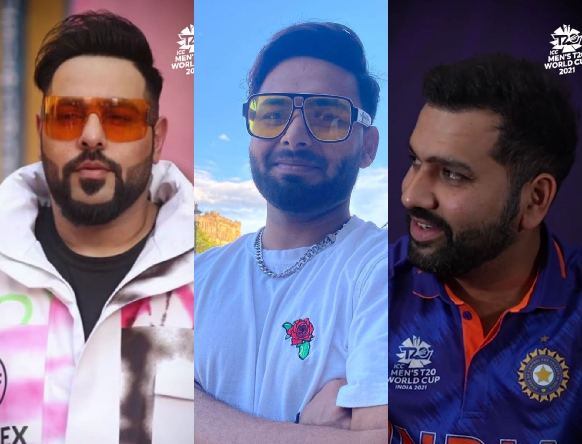 Badshah(l), Rishabh Pant(c), and Rohit Sharma(r)