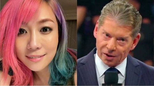 Asuka (left) and Vince McMahon (right)