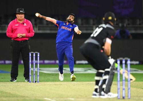 Jasprit Bumrah bowls to Martin Guptill. Pic: Getty Images