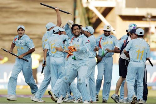 Team India celebrate fter winning the 2007 T20 World Cup. Pic: Getty Images