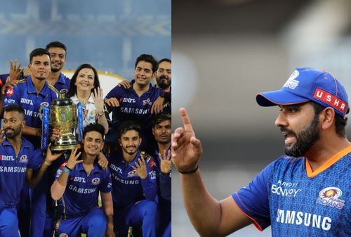 Mumbai Indians team(l) and Rohit Sharma(r)