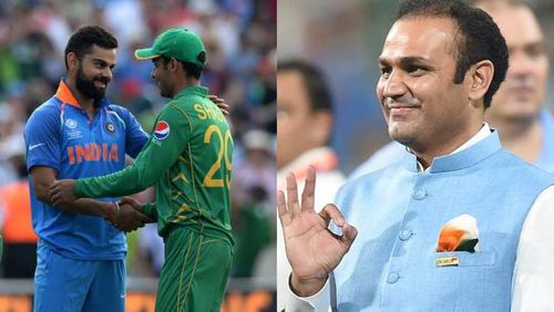 Virender Sehwag (R) takes a swipe at Pakistan's penchant for "big statements".