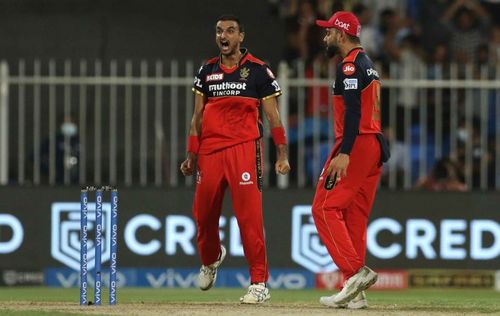 IPL 2021: Harshal Patel celebrates a wicket against Kolkata Knight Riders.