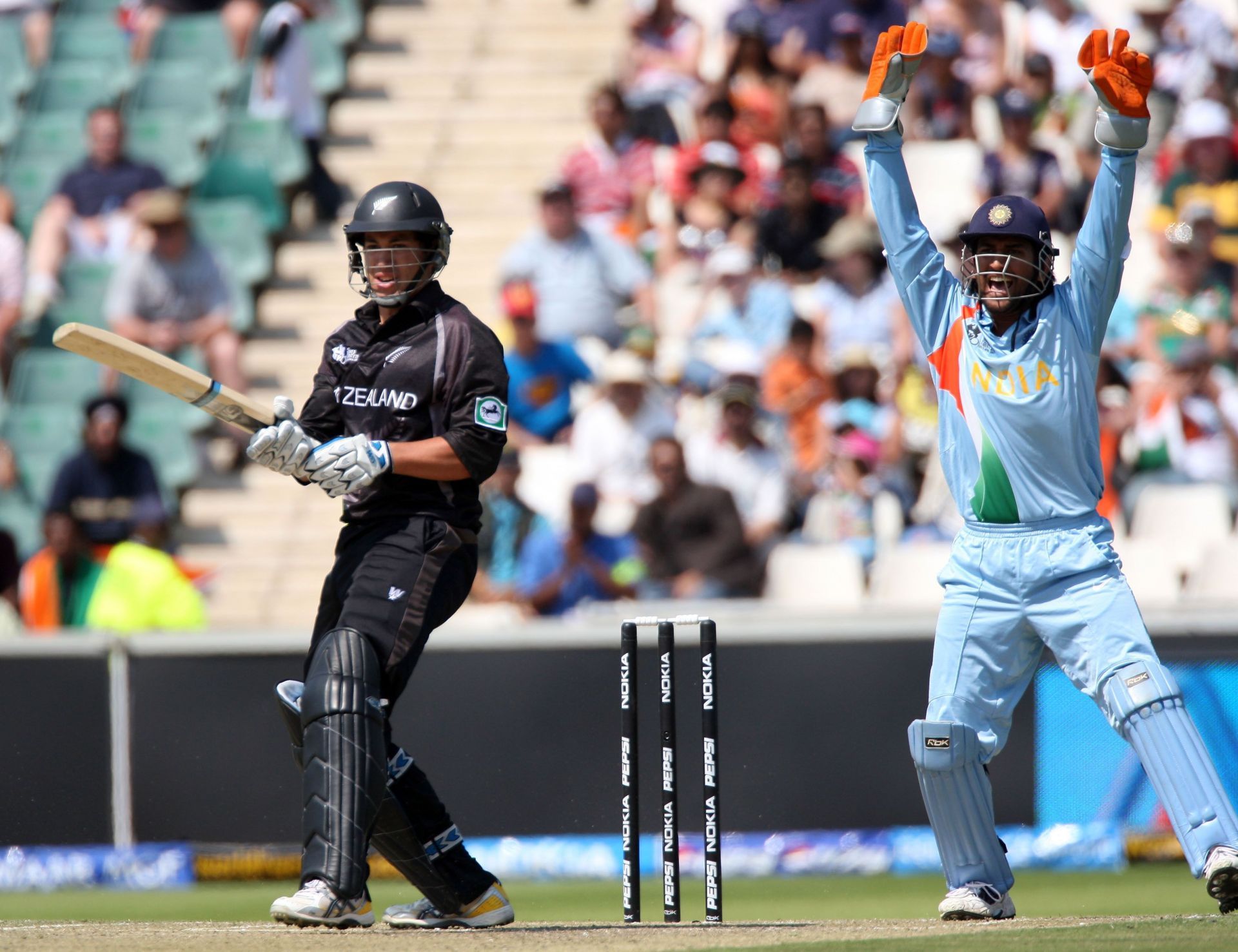 MS Dhoni appeals during the T20 World Cup 2007 match between New Zealand and India.