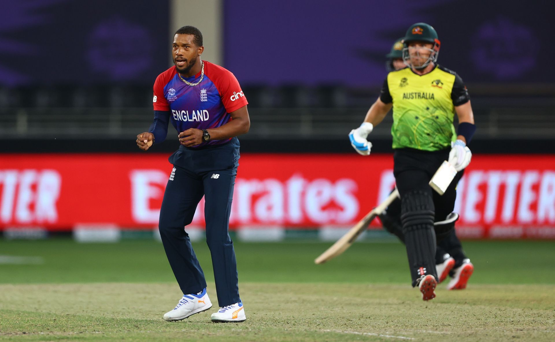 Chris Jordan of England celebrates the wicket of Aaron Finch. Pic: Getty Images