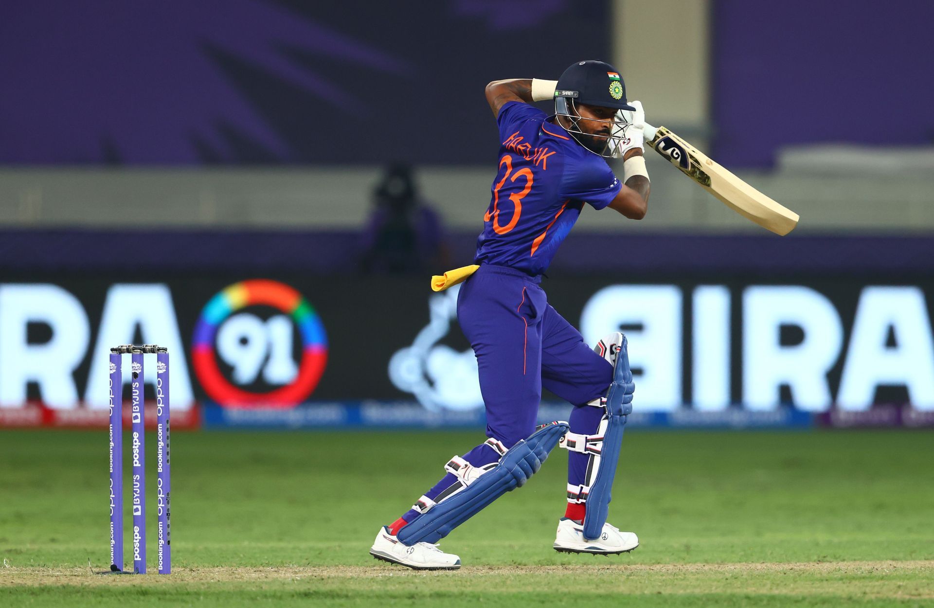 Hardik Pandya in action during India&#039;s T20 World Cup opener against Pakistan.