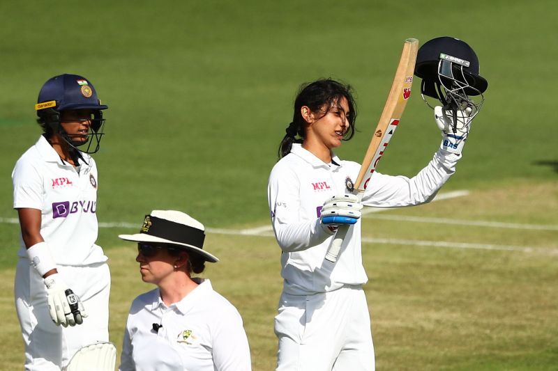 Smriti Mandhana celebrates her maiden Test century in the Day-Night match against Australia Women.