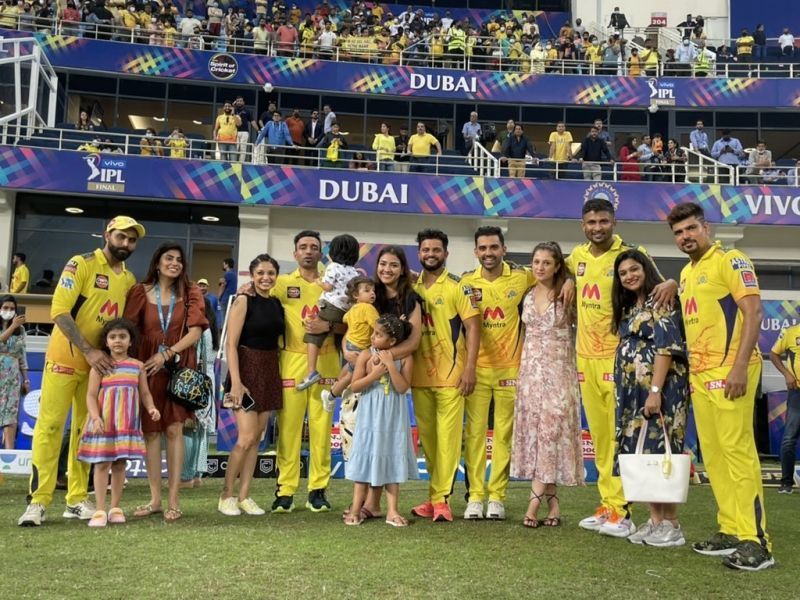 CSK cricketers pose with their family. Pic: CSK/ Twitter