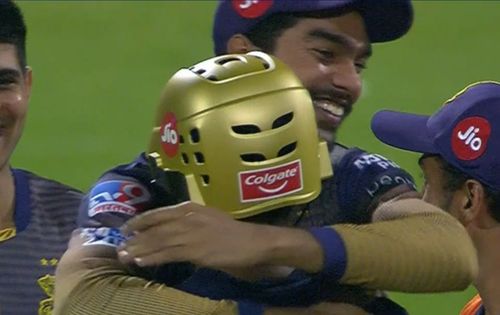 Venkatesh Iyer hugs Rahul Tripathi after KKR's win. Pic: IPLT20.COM