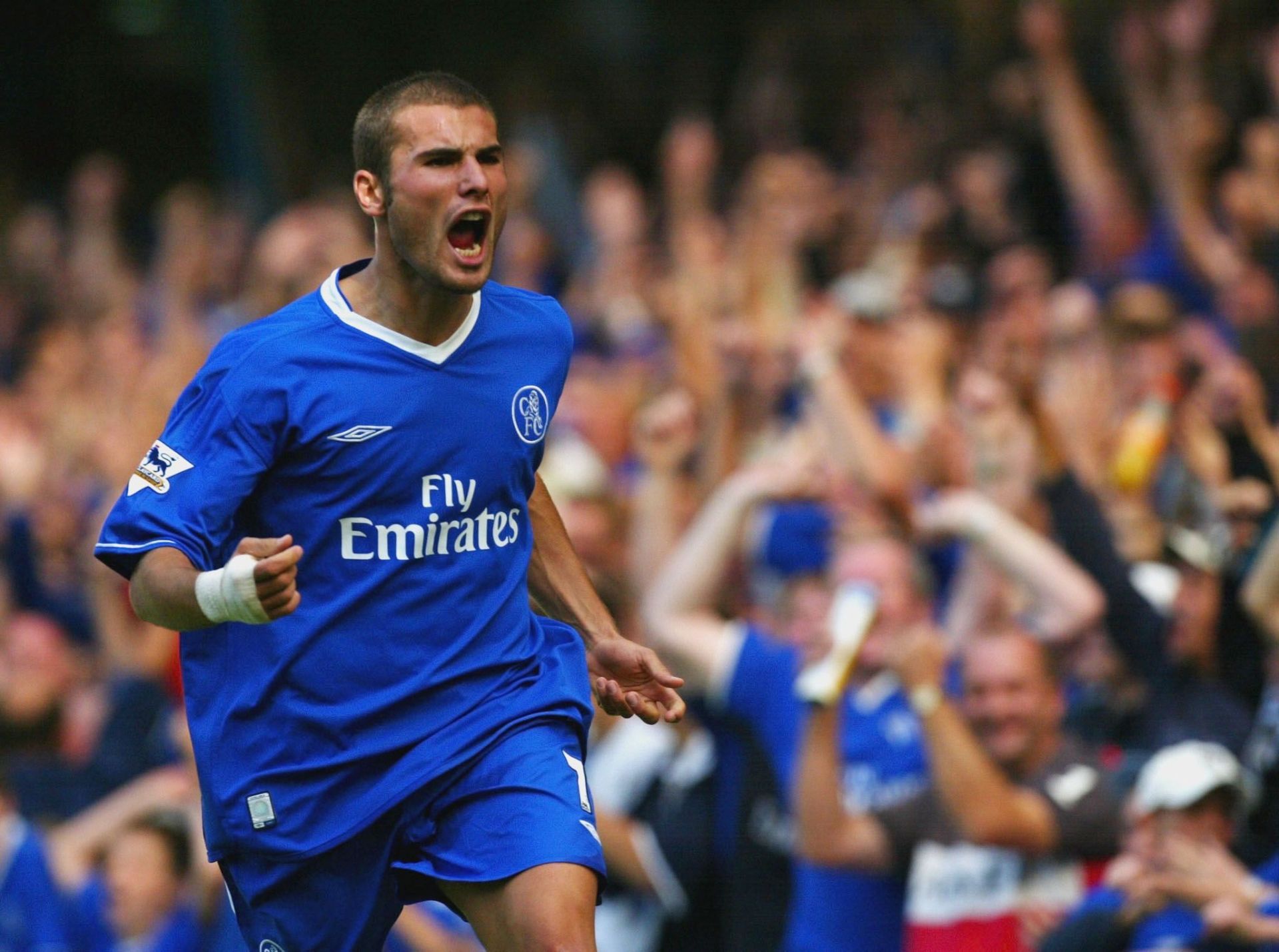 Adrian Mutu of Chelsea starts to celebrate scoring a goal but it was later disallowed