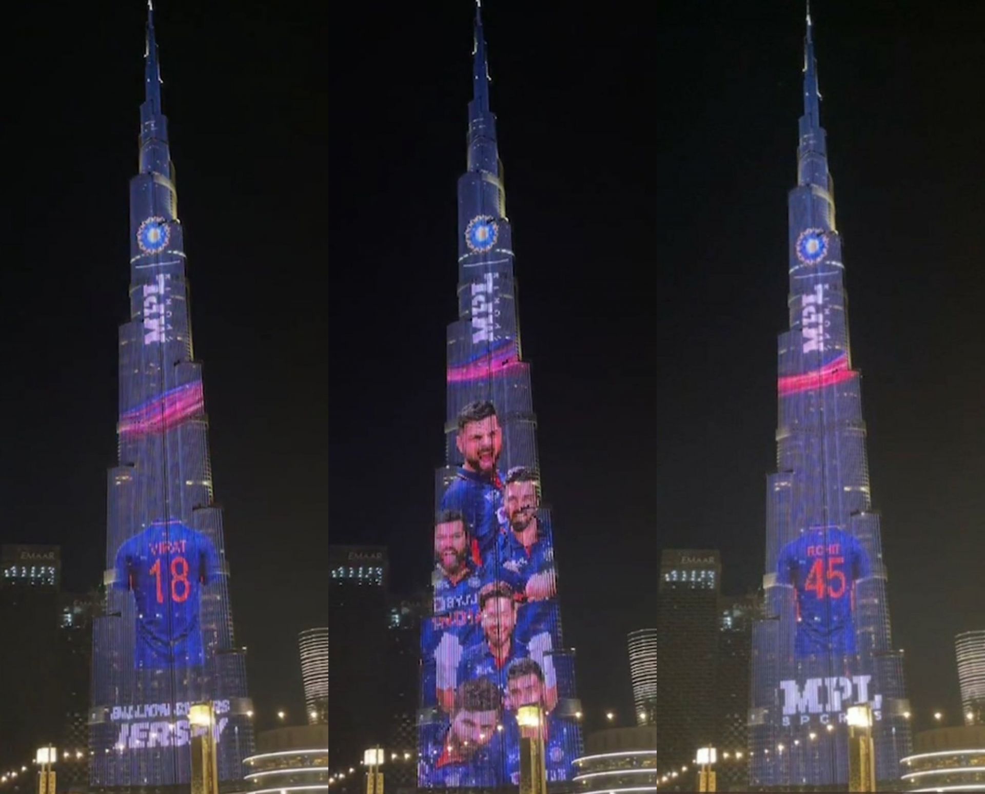 Indian players sporting brand new jerseys for the T20 World Cup in a projection on Burj Khalifa. (Image: BCCI)