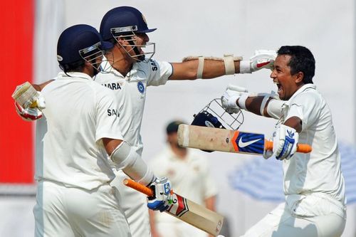 Suresh Raina, VVS Laxman and Pragyan Ojha after the Mohali win. Pic: ICC/ Twitter