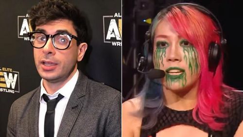 AEW President Tony Khan (left); WWE Superstar Asuka (right)