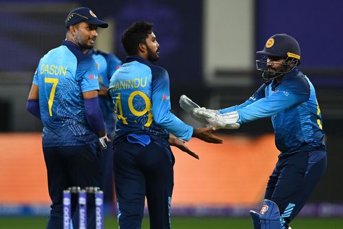 Wanindu Hasaranga celebrates after taking the wicket of Glenn Maxwell. Pic: Getty Images