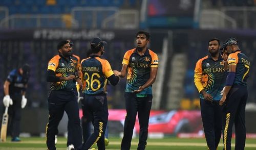 Sri Lankan players during the match against Namibia. Pic: t20worldcup.com