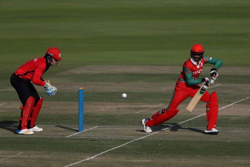 Aqib Ilyas in action for Oman at the Desert T20 Challenge