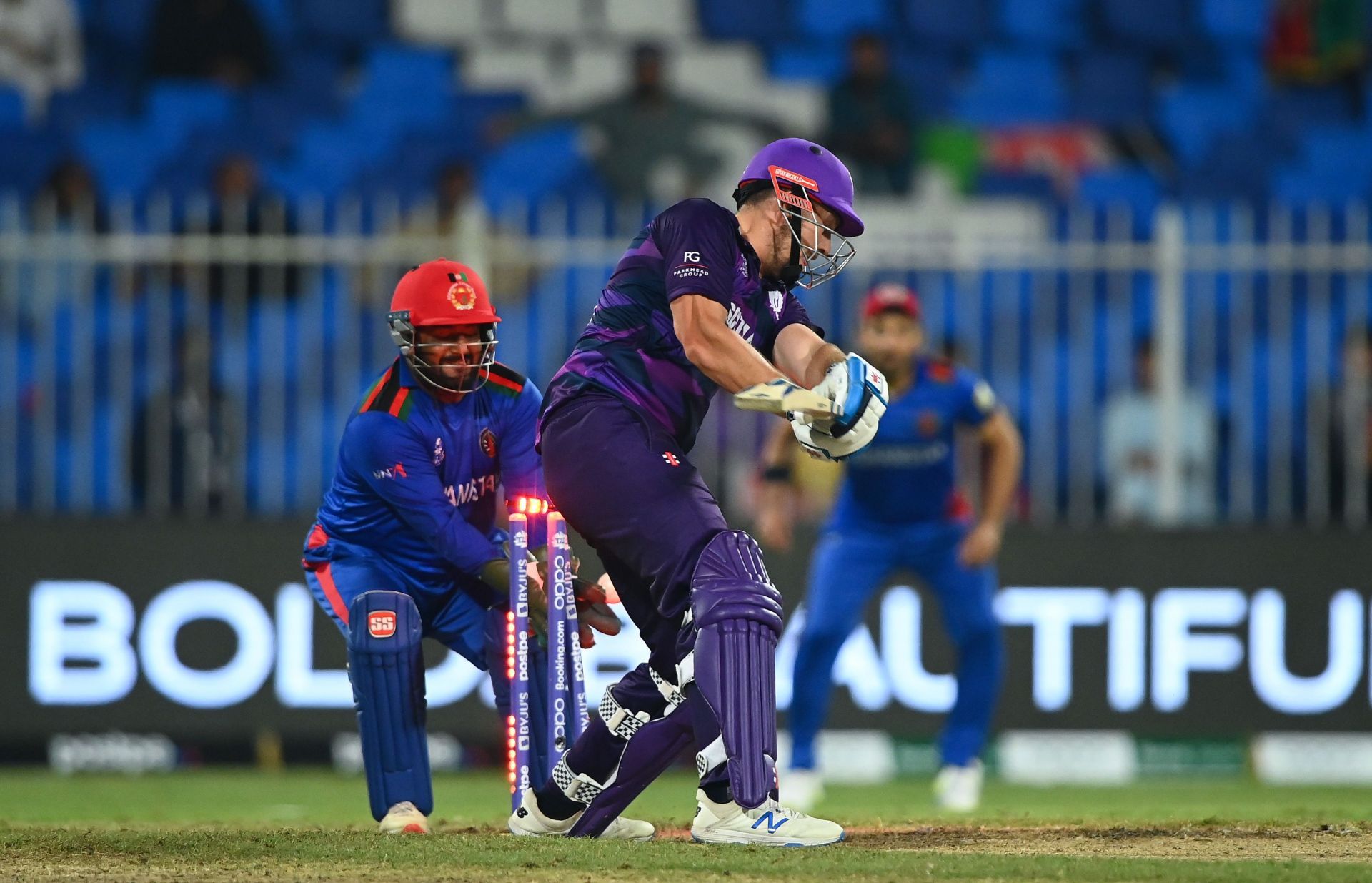 George Munsey of Scotland is bowled by Mujeeb Ur Rahman of Afghanistan. Pic: Getty Images