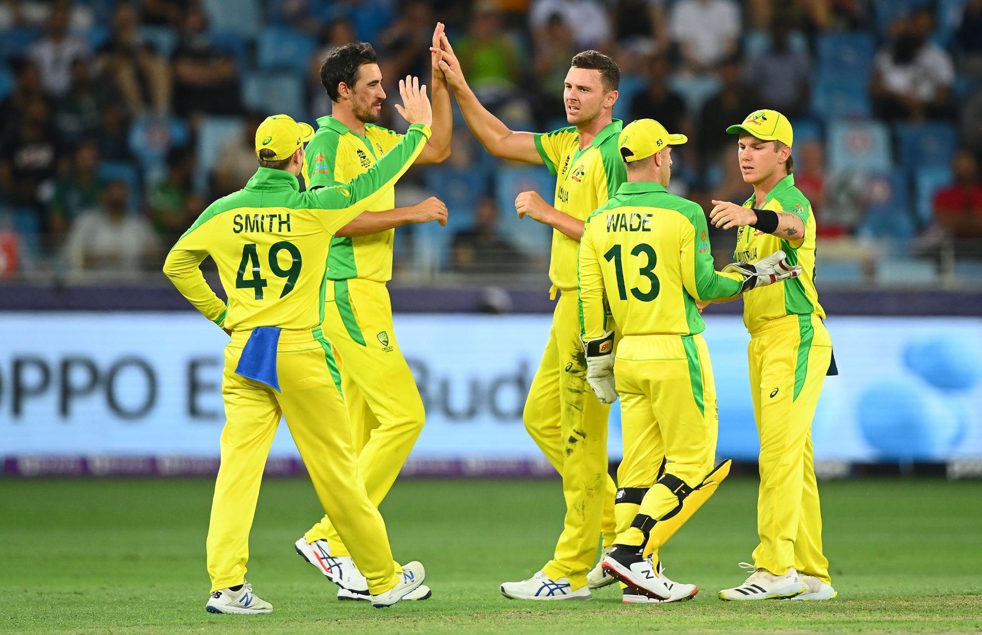 Josh Hazlewood celebrates the wicket of Daryl Mitchell with his teammates. Pic: Getty Images