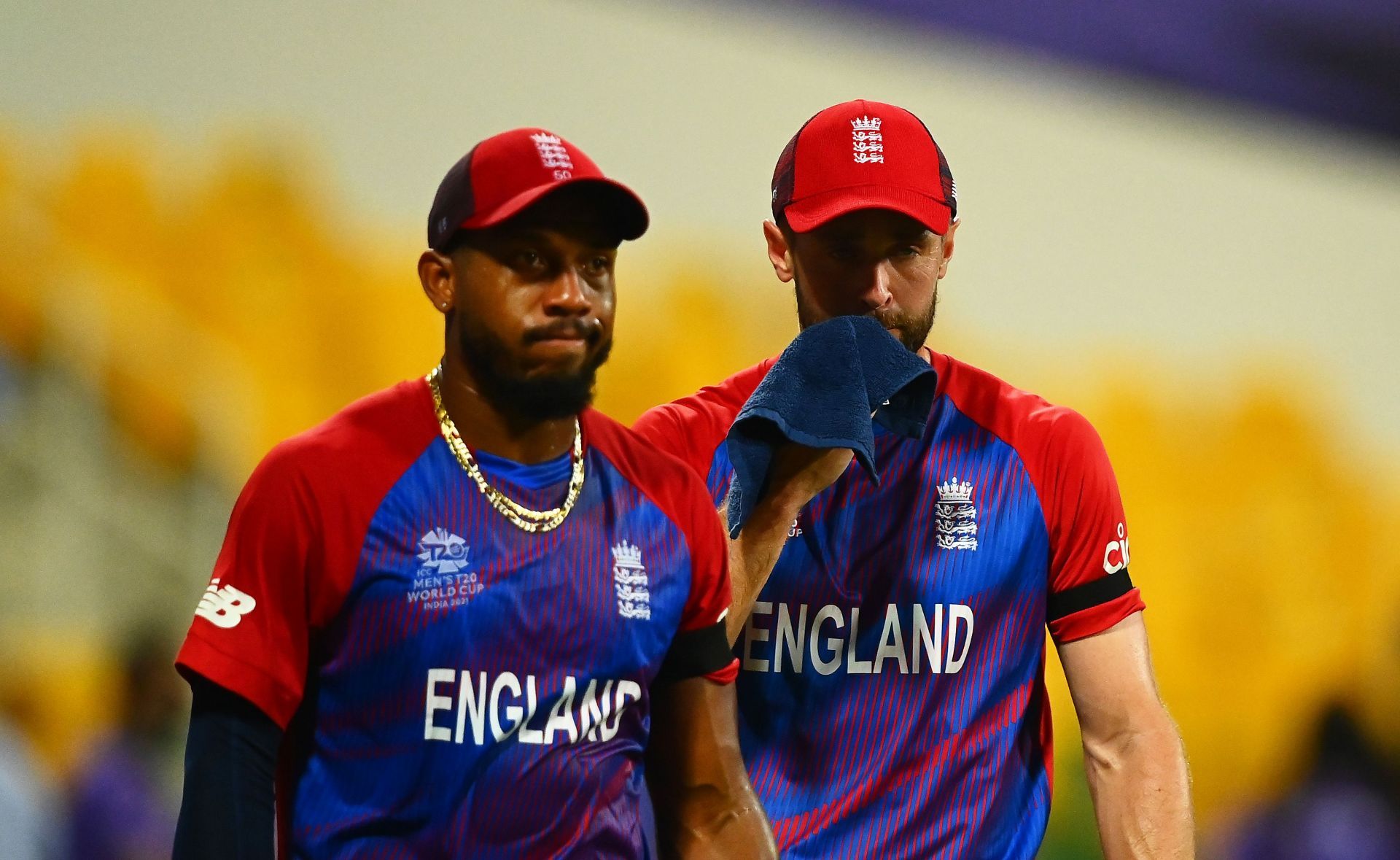 Chris Jordan and Chris Woakes look dejected following England&rsquo;s loss. Pic: Getty Images