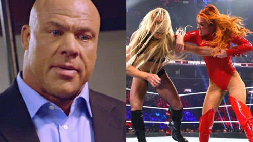 Kurt Angle, Charlotte Flair, and Becky Lynch.